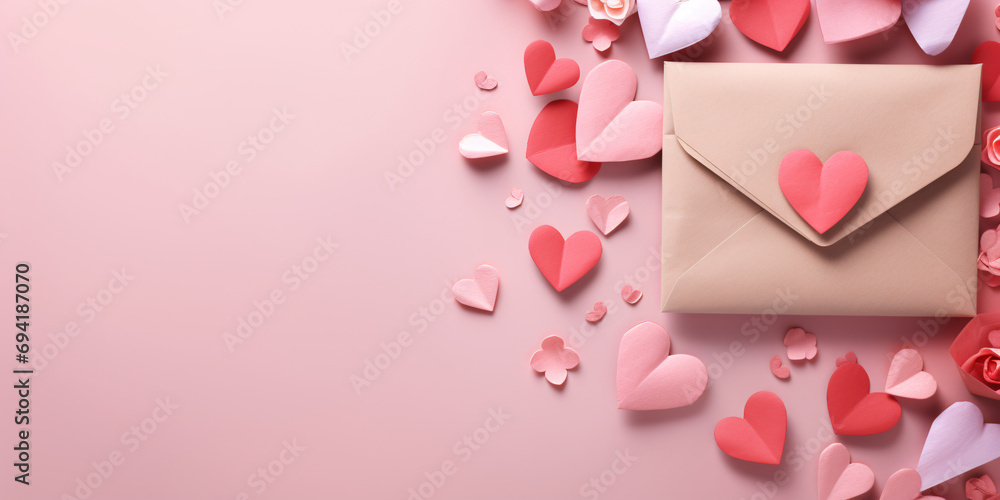 An envelope with heart-shaped paper cutouts on a pastel pink background, ideal for Valentine's Day.