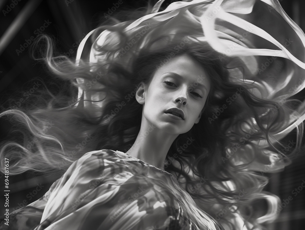 Dynamic Black and White Portrait of Woman with Flowing Hair and Sheer ...