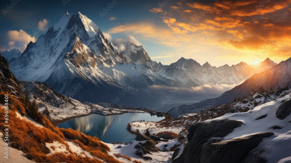 A panoramic view of majestic snow capped peaks