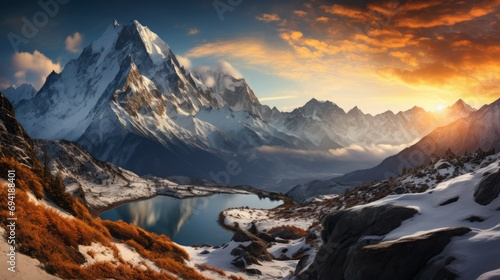 A panoramic view of majestic snow capped peaks