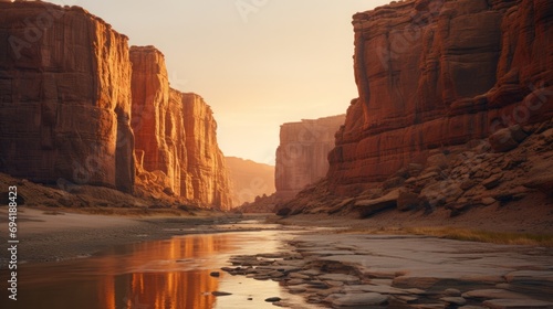 A peaceful canyon bathed in the warm glow of the setting sun