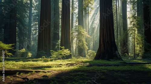 A peaceful redwood forest with towering trees