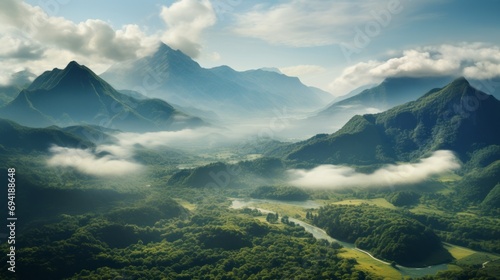 The beauty of a mountainous morning landscape captured from an aerial perspective