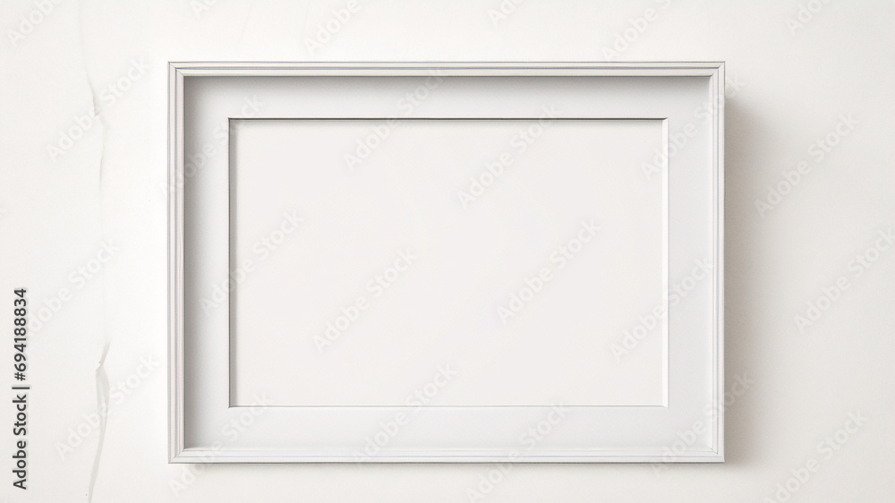 Weißes Rahmenmodell im Innenraum auf weißem Wandhintergrund. Vorlagenrahmen für Text. Poster-Attrappe. Rechteckiges Wandbild oder Fotorahmen-Attrappe