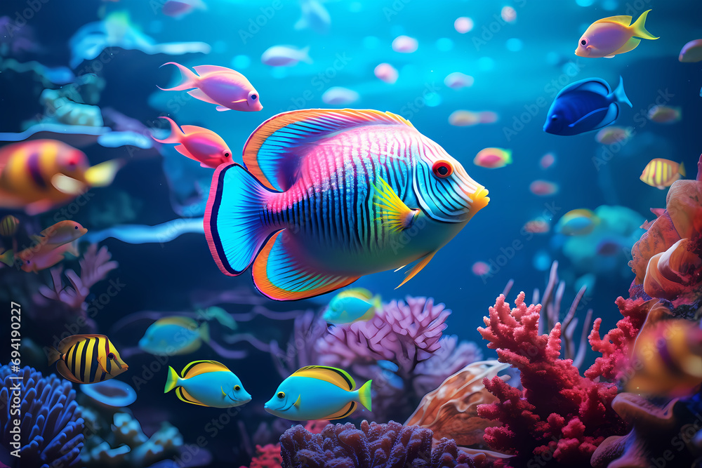 Colorful tropical fish swimming in ocean. Generative AI - obrazy, fototapety, plakaty 