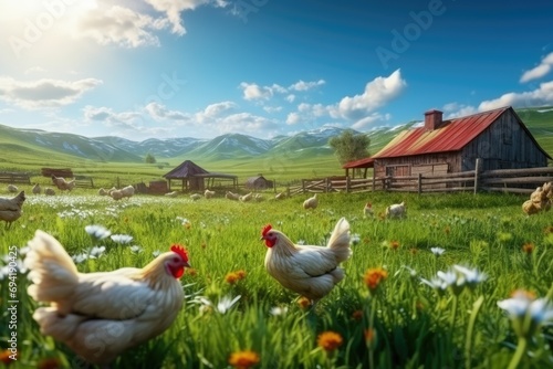 Beautiful spring chicken farm, spring outdoor chicken farm, dreamy farm life