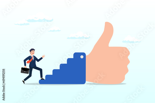 Businessman begin to walk up stair to thumb up, success steps to reach work achievement, stair or ladder of success, self improvement or career development, step to succeed and reach goal (Vector)