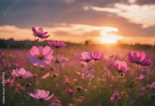 Natural view cosmos filed and sunset on garden background stock photoFlower, Springtime, Summer, Agricultural Field, Backgrounds