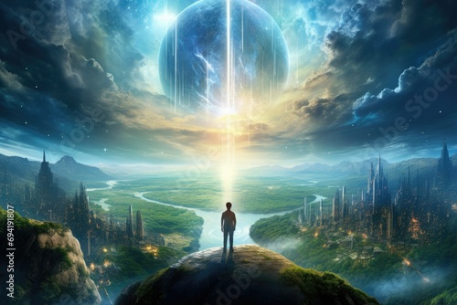 Rear view of people standing above futuristic city on alien planet in sci-fi style, people standing above futuristic city, fairy tale world in dreamy light beams © Peng