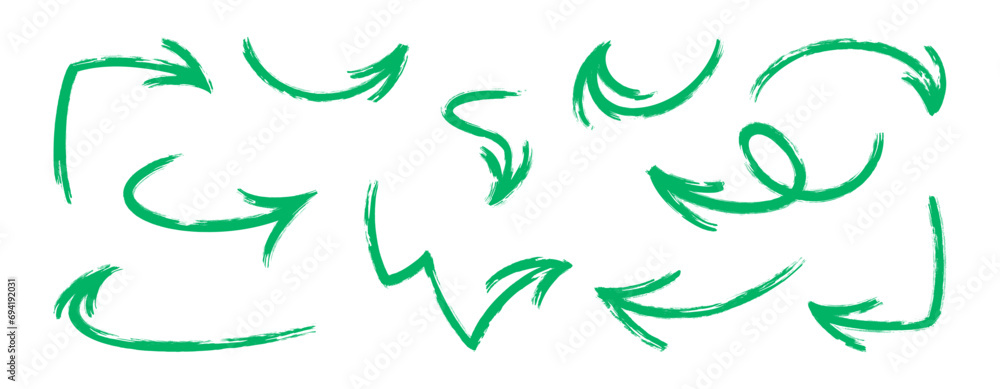 Grunge arrows. Green arrow set with marker texture. Vector illustration isolated in white background Grunge arrows. Green arrow set with marker texture. Vector illustration isolated in white background