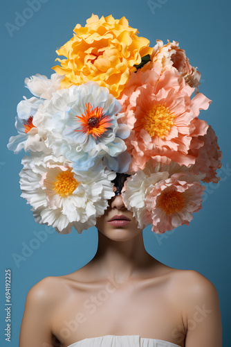 a woman from shoulders up, her face adorned with exquisite flowers © juniorideia