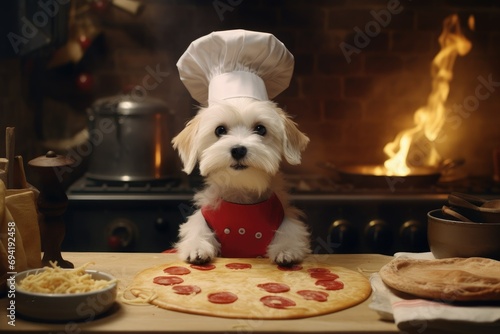 Dog making pasta, dog chef making pasta, cute puppy chef, animal anthropomorphic series