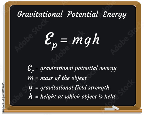 Gravitational Potential Energy Formula on a black chalkboard. Education. Science. Formula. Vector illustration.