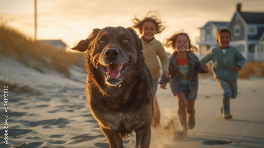 A happy dog running on the beach with Happy Children A happy dog running on the beach with Happy Children