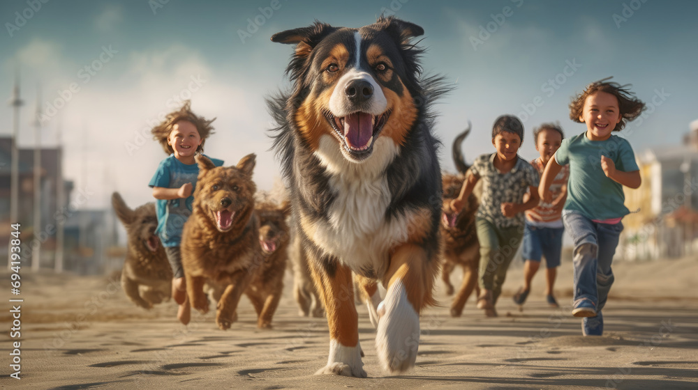 A happy dog running on the beach with Happy Children A happy dog running on the beach with Happy Children