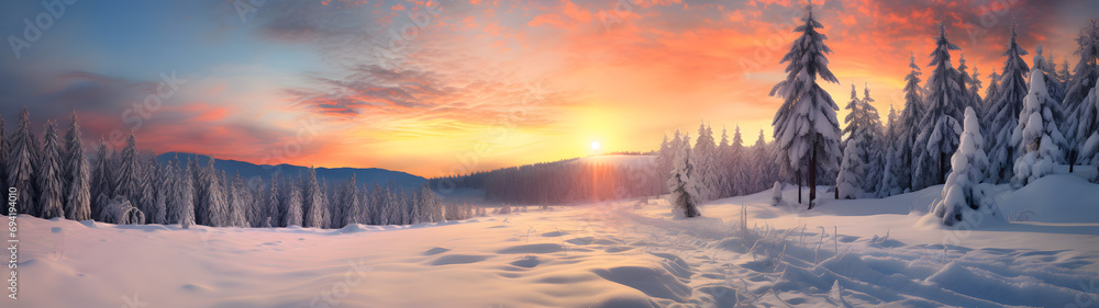 A serene winter wonderland, with snow-covered trees reaching towards the pink and orange sky as the freezing sun sets behind the distant mountains