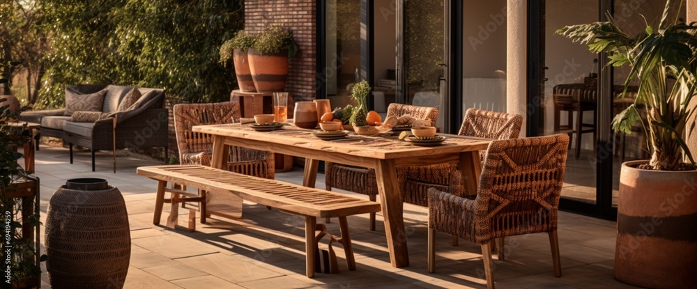 Create a Democratic Republic of the Congo-inspired outdoor dining area, combining earthy tones, wooden furniture, and tribal patterns for an authentic African experience.