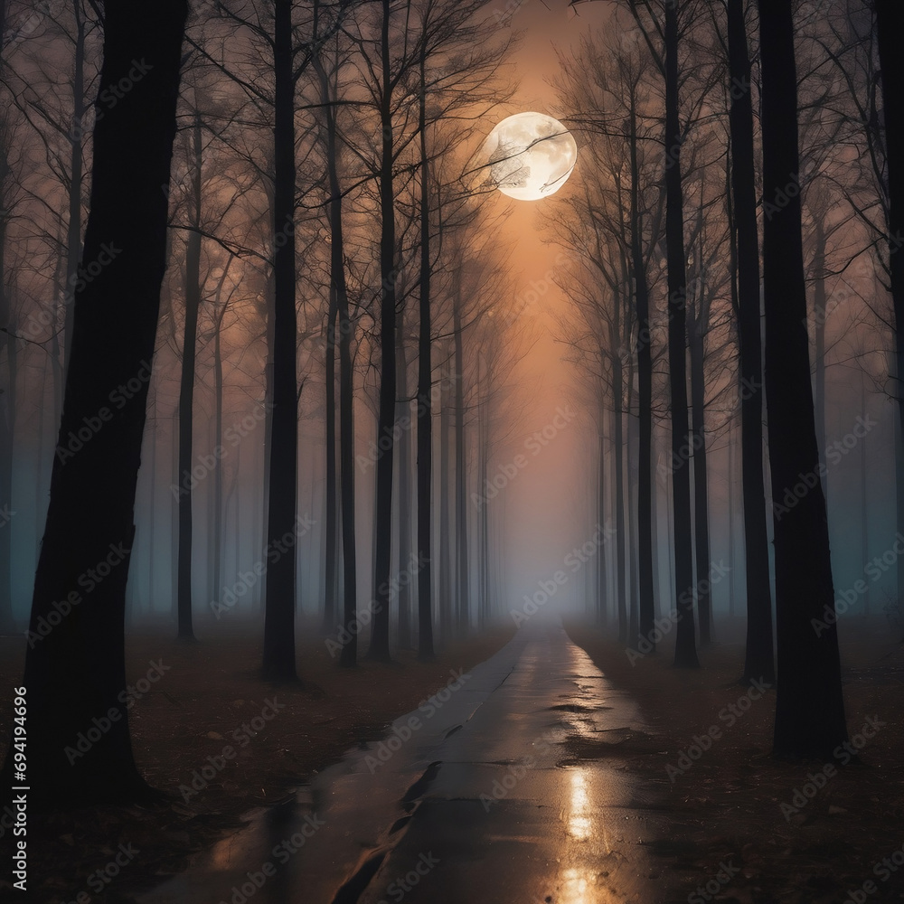 Forest with a full moon in the background on a deserted road