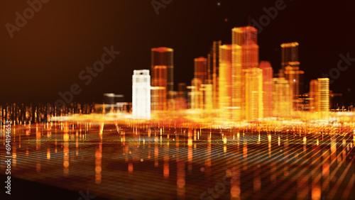 Futuristic digital city,  Glowing color buildings with a particles network. Technology and connection concept. © kokotewan