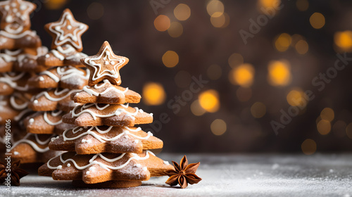 Amidst the frosty winter landscape, a magnificent gingerbread tree stands adorned with delicate star-shaped cookies, evoking feelings of warmth and festive cheer