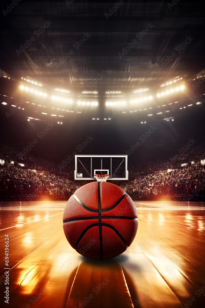 realistic photography of a basketball stadium, ball, basket, supporter, first person perspective, design for poster social media template