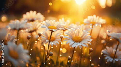 realistic Idyllic daisy bloom in spring summer autumn seasons with yellow sun rays in the evening or morning