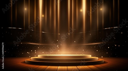 Podium with golden light rays background  Golden light shiny award stage