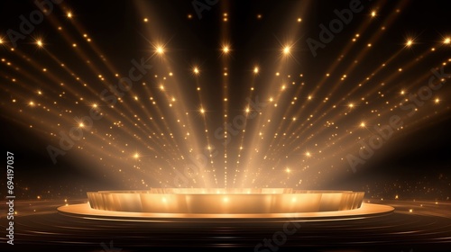 Golden stage background with glitters and spotlights for events, celebrations, product display