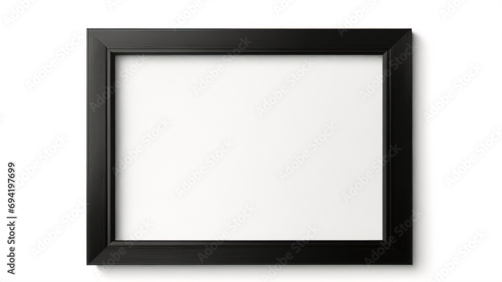 Lienzo en blanco vacío con marco decorativo negro sobre una maqueta de fondo blanco Lienzo en blanco vacío con marco decorativo negro sobre una maqueta de fondo blanco