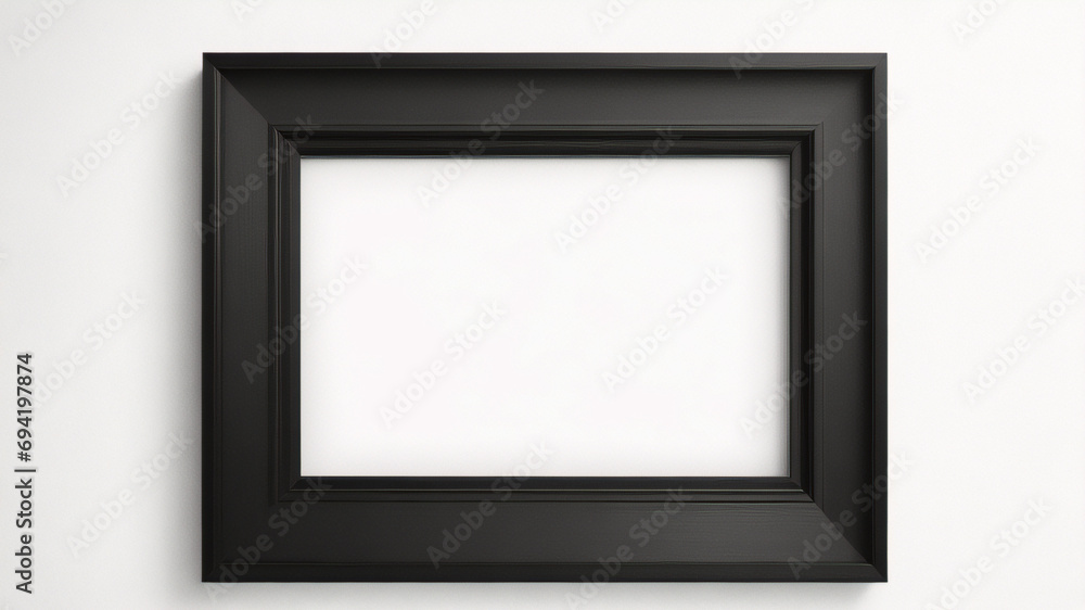 Lienzo en blanco vacío con marco decorativo negro sobre una maqueta de fondo blanco Lienzo en blanco vacío con marco decorativo negro sobre una maqueta de fondo blanco