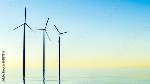 Offshore Wind Turbines Farm At sunset. Green ecological power energy generation. Floating wind turbines installed in sea. Alternative energy source photo