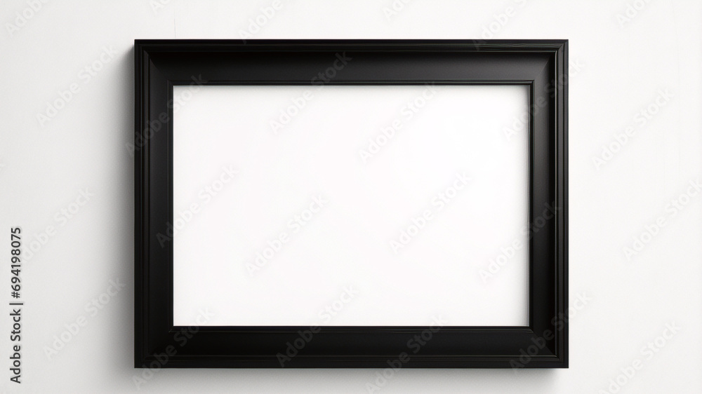 Lienzo en blanco vacío con marco decorativo negro sobre una maqueta de fondo blanco Lienzo en blanco vacío con marco decorativo negro sobre una maqueta de fondo blanco