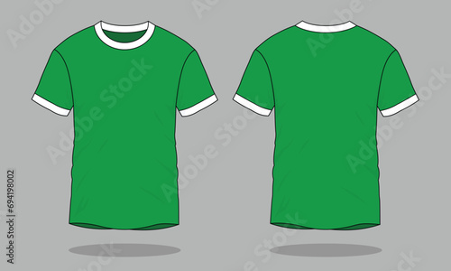Green-White Short Sleeves T-Shirt Design on Gray Background.Front and Back View, Vector File
