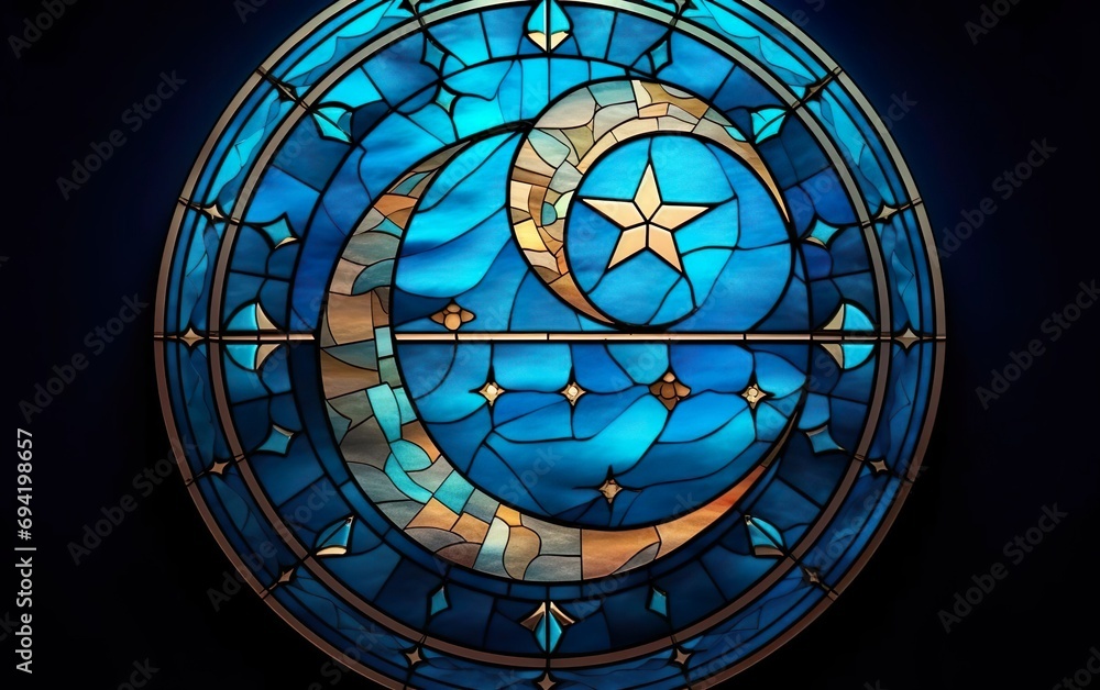 Happy Ramadan poster stained glass window in the shape of circle. Happy Ramadan poster. Islamic holiday banner with muslim Waning Crescent Moon and star. AI Generative.