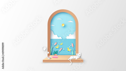 Arch wooden window frame with book, cat, coffee, planter and yellow ducks swimming in lake on Summer. Summertime. paper cut and craft style. vector, illustration.