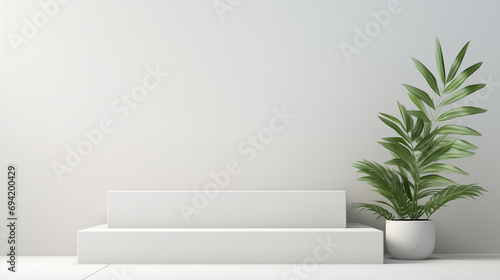 white square podium and plant tree in minimal style with white floor and white background, 3d background, abstract background, 3d render, generate ai