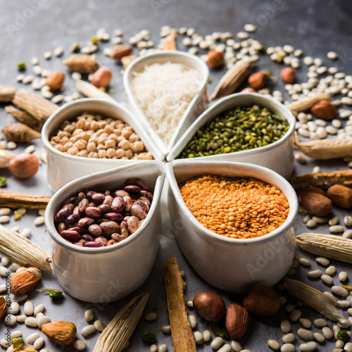 Indian Beans,Pulses,Lentils,Rice and Wheat grain in a white Sunburst or sun rays shape designer container , selective focus.
 photo