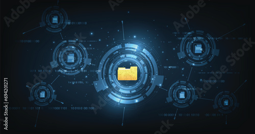 Document management and digital document paperless operation concept. Document management and Data transfer through cloud technology with modern internet technology on the dark blue background.