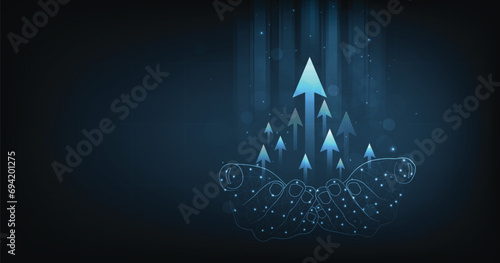 Growth business and successful with arrow up digital on Hand holding on a dark blue background.Concept of goals to be successful.	