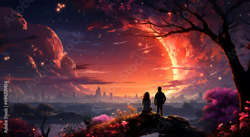 A couple sits in flower garden looking at the beautiful stars with the lights pointing up at the sky photo