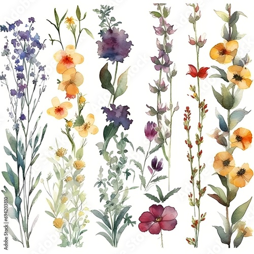 set of wild flowers watercolor style illustration on white background