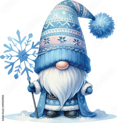 Blue Winter Gnome Wonderland Watercolor Illustration. Cute Whimsical gnome with snowflake Clipart. Sublimation for t-shirt, stickers, Journal and more.