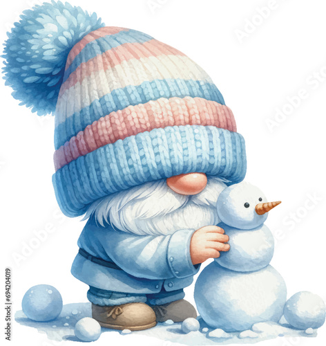 Blue Winter Gnome Wonderland Watercolor Illustration. Cute Whimsical gnome stacking snowballs to build a miniature snowman. Clipart. Sublimation for t-shirt, stickers, Journal and more.