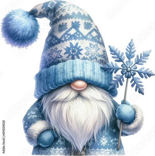 Blue Winter Gnome Wonderland Watercolor Illustration. Cute Whimsical gnome holding snowflake Clipart. Sublimation for t-shirt, stickers, Journal and more.