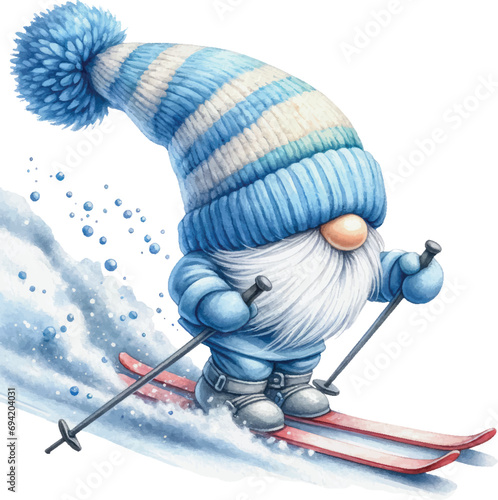 Blue Winter Gnome Wonderland Watercolor Illustration. Cute Whimsical gnome ski Clipart. Sublimation for t-shirt, stickers, Journal and more.