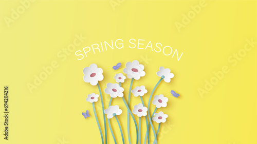 White paper flower and SPRING SEASON calligraphy with butterfly. White flowers in spring. paper cut and craft style. vector, illustration.
