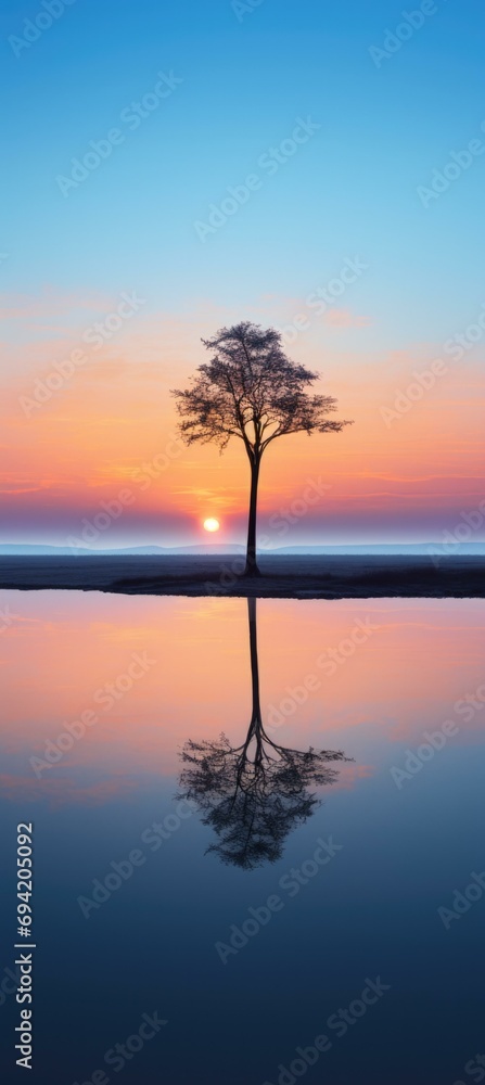 A lone tree is reflected in the water at sunset. Generative AI.