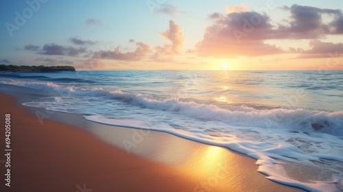 A beautiful sunset over the ocean with waves on the beach. Generative AI. © Nikolay