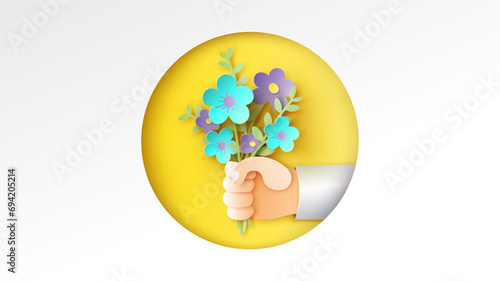A Male hand gives spring bouquet of flowers. Valentine's day. Paper art of Male hand giving bouquet. paper cut and craft style. vector, illustration.