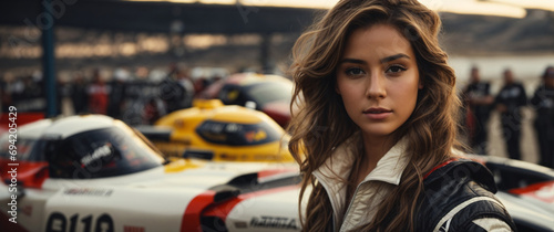 a girl in a racing drivers outfit next to her race photo